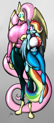 Size: 2199x4961 | Tagged: safe, artist:saliantsunbreeze, character:fluttershy, character:rainbow dash, species:anthro, species:unguligrade anthro, ship:flutterdash, big breasts, blushing, breasts, busty fluttershy, busty rainbow dash, clothing, colored, female, huge breasts, impossibly large breasts, lesbian, shipping, sweater, sweatershy