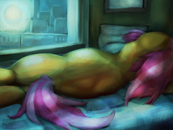 Size: 3000x2250 | Tagged: safe, artist:blindcoyote, character:babs seed, bed, female, manehattan, sleeping, solo