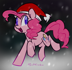Size: 500x490 | Tagged: safe, artist:muh-arts, artist:spiritcookie, character:pinkie pie, clothing, female, hat, santa hat, snow, snowfall, solo