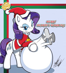 Size: 1080x1200 | Tagged: safe, artist:fuzon-s, character:rarity, bag, christmas, clothing, female, hat, hearth's warming, logo, looking at you, santa claus, santa costume, santa hat, smiling, solo, sonic channel, sonic the hedgehog (series), style emulation, yuji uekawa style