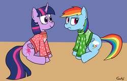 Size: 1635x1047 | Tagged: safe, artist:rapidstrike, character:rainbow dash, character:twilight sparkle, character:twilight sparkle (alicorn), species:alicorn, species:pony, christmas, christmas sweater, clothing, duo, female, mare