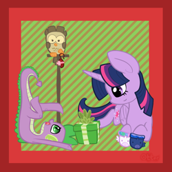 Size: 1100x1100 | Tagged: safe, artist:otterlore, character:owlowiscious, character:princess celestia, character:princess luna, character:spike, character:twilight sparkle, character:twilight sparkle (alicorn), species:alicorn, species:owl, species:pony, christmas, clothing, cute, female, mama twilight, mare, on back, open mouth, ornament, perch, present, prone, smiling, socks, upside down