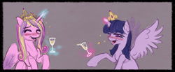 Size: 700x289 | Tagged: safe, artist:cosmicunicorn, character:princess cadance, character:twilight sparkle, character:twilight sparkle (alicorn), species:alicorn, species:pony, alcohol, blushing, drunk, drunk cadance, drunk twilight, eyes closed, female, glass, laughing, magic, mare, open mouth, raised hoof, sisters-in-law, sitting, smiling, spread wings, wings
