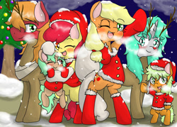 Size: 1400x1000 | Tagged: safe, artist:wonton soup, character:apple bloom, character:applejack, character:big mcintosh, oc, oc:delicious soup, self insert, species:earth pony, species:pony, bipedal, bottomless, canon x oc, christmas, clothing, costume, deer costume, female, hat, holiday, male, mare, offspring, one eye closed, partial nudity, pixiv, santa costume, santa hat, snow, stallion, winter