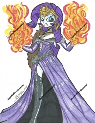 Size: 1205x1557 | Tagged: safe, artist:ponygoddess, character:rarity, my little pony:equestria girls, angry, colored skin, female, fire, humanized, liliana vess, magic the gathering, necromancer, planeswalker, solo
