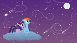 Size: 8000x4500 | Tagged: safe, artist:joey, character:rainbow dash, character:twilight sparkle, ship:twidash, absurd resolution, cloud, female, lesbian, meteor shower, moon, night, shipping, shooting stars, stars