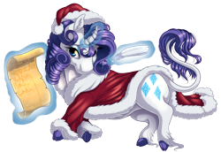 Size: 1845x1268 | Tagged: safe, artist:kittehkatbar, character:rarity, species:classical unicorn, clothing, cloven hooves, curved horn, female, hat, leonine tail, santa costume, santa hat, simple background, solo, transparent background, unshorn fetlocks