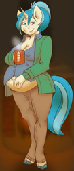 Size: 411x942 | Tagged: safe, artist:muh-arts, artist:vella, character:allie way, species:anthro, species:pony, species:unicorn, g4, belly, belly button, big belly, clothing, coffee, colored, female, looking at you, mare, pregnant, solo
