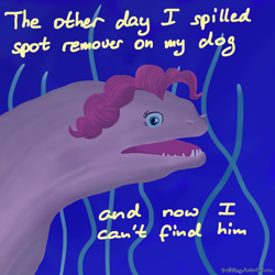 Size: 1600x1600 | Tagged: safe, artist:deathpwny, character:pinkie pie, g4, blue background, eel, female, fish, joke, looking at you, moray eel, open mouth, simple background, solo, species swap, underwater, wat