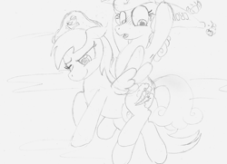 Size: 1107x800 | Tagged: safe, artist:foxxy-arts, character:carrot top, character:derpy hooves, character:golden harvest, species:pegasus, species:pony, clothing, female, hat, mare, monochrome, pirate hat, ponies riding ponies, sketch
