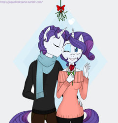 Size: 1228x1278 | Tagged: dead source, safe, artist:jaquelindreamz, character:rarity, species:anthro, elusive, female, kissing, male, mistletoe, ponidox, rarilusive, rule 63, self ponidox, selfcest, shipping, straight