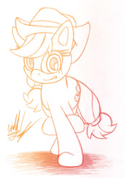 Size: 705x1000 | Tagged: safe, artist:fuzon-s, character:applejack, female, gradient lineart, looking at you, running, sketch, solo, traditional art