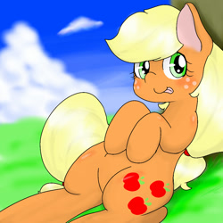 Size: 1000x1000 | Tagged: safe, artist:wonton soup, character:applejack, species:pony, blep, blushing, female, looking at you, missing accessory, on back, pixiv, silly, silly pony, solo, tongue out