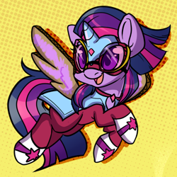 Size: 500x500 | Tagged: safe, artist:lustrous-dreams, character:masked matter-horn, character:twilight sparkle, character:twilight sparkle (alicorn), species:alicorn, species:pony, ask filly twilight, episode:power ponies, g4, my little pony: friendship is magic, clothing, costume, fake wings, female, filly, mare, solo, younger