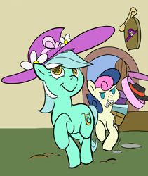 Size: 864x1024 | Tagged: safe, artist:elslowmo, character:bon bon, character:lyra heartstrings, character:sweetie drops, clothing, hat, shopping