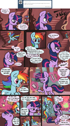 Size: 1200x2145 | Tagged: safe, artist:otterlore, character:rainbow dash, character:twilight sparkle, ask, comic, dialogue, glowing horn, golden oaks library, levitation, library, magic, speech bubble, spiderponyrarity, telekinesis, tumblr, vial