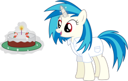 Size: 4500x2855 | Tagged: safe, artist:joey, character:dj pon-3, character:vinyl scratch, species:pony, species:unicorn, berry, cake, candle, clothing, female, food, glowing horn, hooves, horn, levitation, magic, mare, open mouth, simple background, solo, strawberry, telekinesis, transparent background, vector