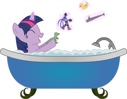 Size: 5000x3897 | Tagged: safe, artist:joey, character:twilight sparkle, character:twilight sparkle (unicorn), species:pony, species:unicorn, absurd resolution, bath, bathtub, claw foot bathtub, dinosaur, fanfic art, female, rubber duck, simple background, solo, submarine, toy, transparent background, vector