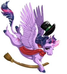 Size: 1506x1655 | Tagged: safe, artist:kittehkatbar, character:twilight sparkle, character:twilight sparkle (alicorn), species:alicorn, species:classical unicorn, species:pony, broom, clothing, female, hat, leonine tail, lidded eyes, looking at you, magic, scarf, simple background, smiling, snow, snowfall, solo, spread wings, top hat, transparent background, unshorn fetlocks, wings