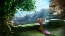 Size: 2560x1440 | Tagged: safe, artist:fuzzyfox11, character:scootaloo, species:pegasus, species:pony, female, looking away, mountain, scenery, scootalone, sitting, solo, valley