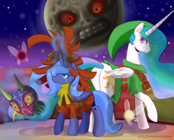Size: 1000x803 | Tagged: safe, artist:pijinpyon, character:princess celestia, character:princess luna, crossover, crying, dawn of the final day, link, s1 luna, skull kid, the legend of zelda, the legend of zelda: majora's mask