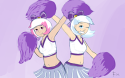 Size: 1920x1200 | Tagged: safe, artist:aa, character:lilac sky, character:spring step, character:sunlight spring, species:human, episode:rainbow falls, g4, my little pony: friendship is magic, armpits, background pony, belly button, bow, cheerleader, clothing, humanized, light skin, midriff, pom pom, skirt, tank top, wink