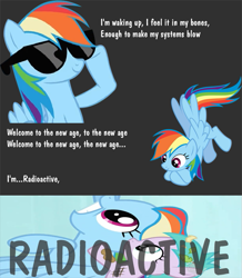 Size: 609x700 | Tagged: safe, artist:drpain, edit, edited screencap, screencap, character:rainbow dash, species:pegasus, species:pony, aura, female, imagine dragons, mare, radioactive, solo, song reference, sunglasses