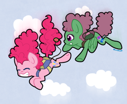 Size: 1100x900 | Tagged: safe, artist:otterlore, character:pinkie pie, oc, oc:windcatcher, falling, parachute, skydiving