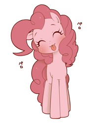 Size: 825x967 | Tagged: safe, artist:umeguru, character:pinkie pie, :3, blep, blushing, cute, diapinkes, eyes closed, female, happy, japanese, pixiv, simple background, smiling, solo, tongue out