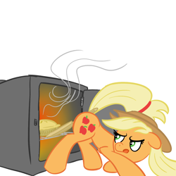 Size: 1440x1440 | Tagged: safe, artist:elslowmo, character:applejack, butt hold, female, food, original artist unknown, oven, pie, plot, solo, tongue out, wat