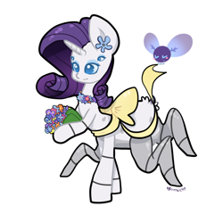 Size: 900x900 | Tagged: safe, artist:otterlore, character:rarity, bouquet, bow, cute, drider, female, flower, flower necklace, fluffy, hoof hold, monster pony, necklace, original species, parasprite, pretty, simple background, smiling, solo, species swap, spider, spiderpony, spiderponyrarity, white background