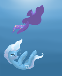 Size: 900x1100 | Tagged: safe, artist:otterlore, character:trixie, species:pony, species:unicorn, cape, clothing, crying, crying in the sea, female, hat, mare, sad, sinking, solo, trixie's cape, trixie's hat, underwater