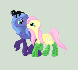 Size: 950x850 | Tagged: safe, artist:otterlore, character:fluttershy, character:princess luna, ship:lunashy, cat, clothing, fanfic art, female, lesbian, s1 luna, shipping, simple background, socks