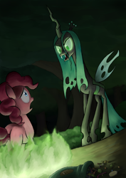 Size: 2480x3507 | Tagged: safe, artist:plainoasis, character:pinkie pie, character:queen chrysalis, candy, fanfic, fire