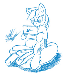 Size: 761x900 | Tagged: safe, artist:fuzon-s, character:rainbow dash, 3ds, crossover, cushion, female, gamer dash, gamerdash, monochrome, mouth hold, sitting, sketch, solo, sonic the hedgehog (series)