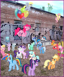 Size: 660x793 | Tagged: safe, artist:drpain, character:applejack, character:babs seed, character:big mcintosh, character:cheerilee, character:coco pommel, character:derpy hooves, character:diamond tiara, character:dj pon-3, character:fluttershy, character:lily, character:lily valley, character:lyra heartstrings, character:minuette, character:pinkie pie, character:rainbow dash, character:rarity, character:silver spoon, character:suri polomare, character:trixie, character:twilight sparkle, character:vinyl scratch, species:earth pony, species:pegasus, species:pony, species:unicorn, art theft, balloon, block party, cider, irl, male, mane six, manehattan, meme, party, photo, ponies in real life, stallion