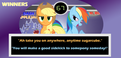 Size: 700x337 | Tagged: safe, artist:drpain, character:applejack, character:rainbow dash, parody, street fighter, winner screen, winning quote
