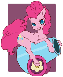 Size: 518x630 | Tagged: safe, artist:pasikon, character:pinkie pie, abstract background, cute, diapinkes, female, leg fluff, partillery, party cannon, prone, realistic horse legs, solo, straddling