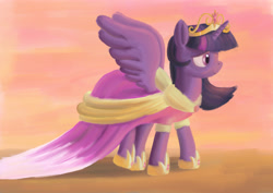 Size: 3508x2480 | Tagged: safe, artist:plainoasis, character:twilight sparkle, character:twilight sparkle (alicorn), species:alicorn, species:pony, clothing, coronation dress, dress, female, mare, smiling, solo, spread wings, standing, wings