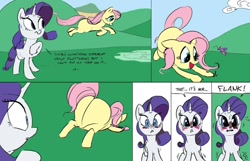 Size: 1024x658 | Tagged: safe, artist:ross irving, character:fluttershy, character:rarity, ship:rarishy, butterfly, colored sketch, female, impossibly large butt, lesbian, looking at her butt, plot, shipping, the ass was fat