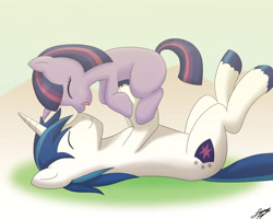 Size: 3240x2588 | Tagged: safe, artist:skecchiart, character:shining armor, character:twilight sparkle, species:pony, species:unicorn, bbbff, boop, brother and sister, cute, dawwww, eyes closed, female, filly, filly twilight sparkle, happy, male, noseboop, on back, shining adorable, smiling, twiabetes, weapons-grade cute, younger