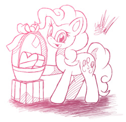 Size: 900x876 | Tagged: safe, artist:fuzon-s, character:pinkie pie, episode:hearts and hooves day, g4, my little pony: friendship is magic, basket, female, gradient lineart, happy, looking at you, present, ribbon, sketch, smiling, solo