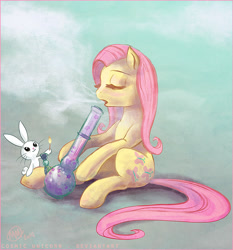 Size: 800x858 | Tagged: safe, artist:cosmicunicorn, character:angel bunny, character:fluttershy, blushing, bong, drugs, eyes closed, flutterhigh, marijuana, open mouth, sitting, smiling, smoking