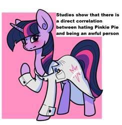 Size: 806x827 | Tagged: safe, artist:otterlore, character:pinkie pie, character:twilight sparkle, fanfic:researcher twilight, clothing, fanfic, fanfic art, female, joke, lab coat, research, solo, studies