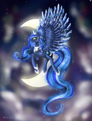 Size: 2141x2800 | Tagged: safe, artist:wilvarin-liadon, character:princess luna, species:alicorn, species:pony, crescent moon, crown, female, flying, jewelry, mare, moon, night, regalia, solo, stars, transparent moon