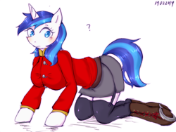 Size: 800x600 | Tagged: safe, artist:divided-s, character:shining armor, species:anthro, all fours, arm hooves, breasts, busty gleaming shield, clothing, female, gleaming shield, pixiv, rule 63, solo