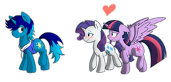 Size: 1800x869 | Tagged: safe, artist:nolycs, character:rarity, character:twilight sparkle, character:twilight sparkle (alicorn), oc, oc:light shine, species:alicorn, species:pony, species:unicorn, bedroom eyes, blushing, canon x oc, clothing, commission, female, floppy ears, frown, heart, hoodie, looking back, male, mare, raised hoof, raised leg, smiling, spread wings, straight, wingboner, wings