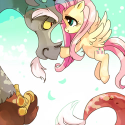 Size: 500x500 | Tagged: safe, artist:pasikon, character:discord, character:fluttershy, species:draconequus, species:pegasus, species:pony, ship:discoshy, explicit source, female, flying, looking at each other, male, mare, pixiv, shipping, smiling, straight
