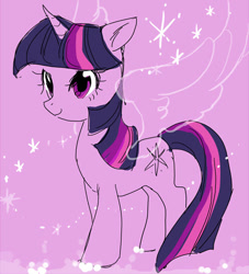 Size: 495x546 | Tagged: safe, artist:pasikon, character:twilight sparkle, species:pony, female, looking at you, mare, pixiv, purple background, simple background, smiling, solo, transparent wings