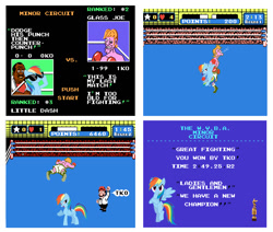 Size: 1035x879 | Tagged: safe, artist:drpain, character:rainbow dash, boxing, boxing gloves, boxing ring, glass joe, mario, nintendo, nintendo entertainment system, punch out, referee, super mario bros., video game